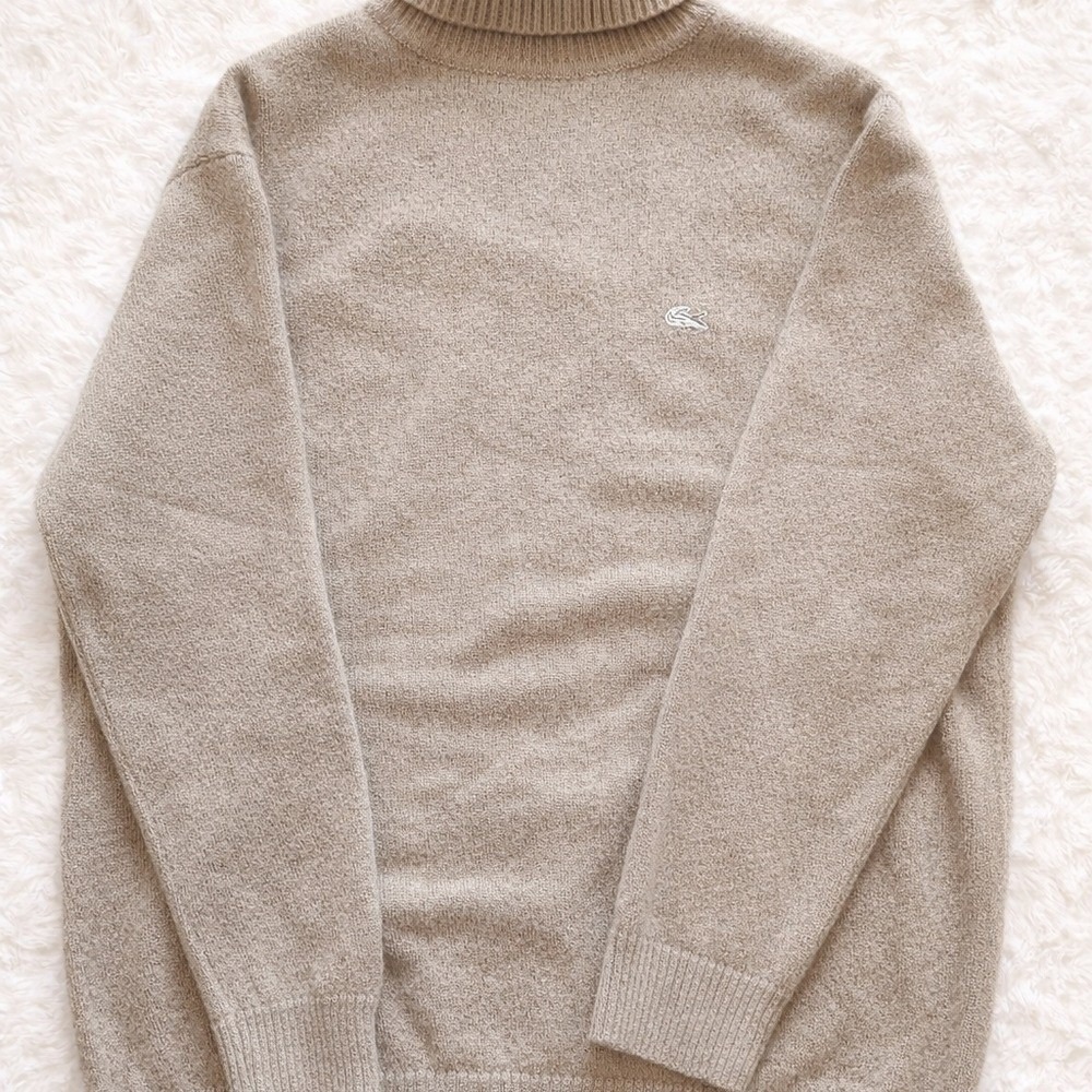 Lacoste Turtleneck Sweater Mens 7 XL Tan 100% Baby Alpaca Wool Knit Luxury